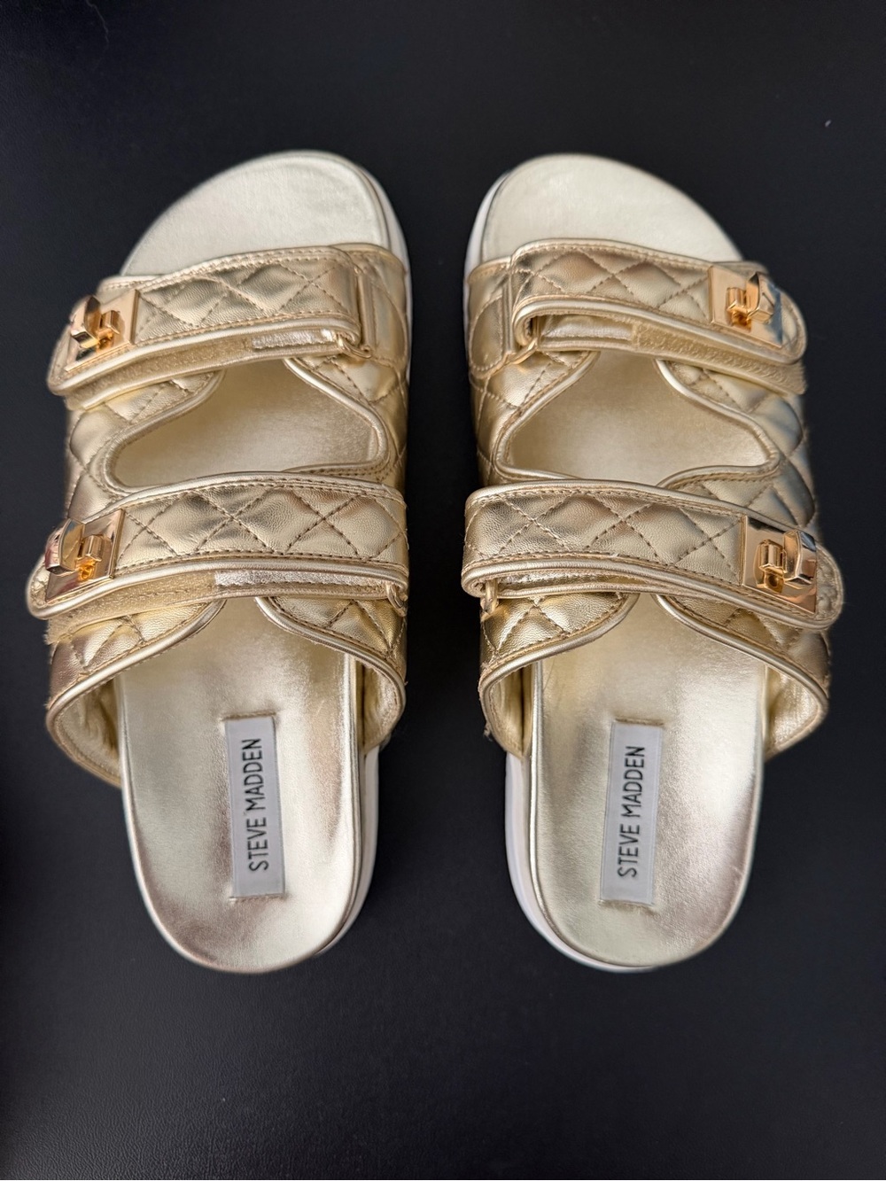 Steve Madden Metallic Gold Quilted Double-Strap Slides